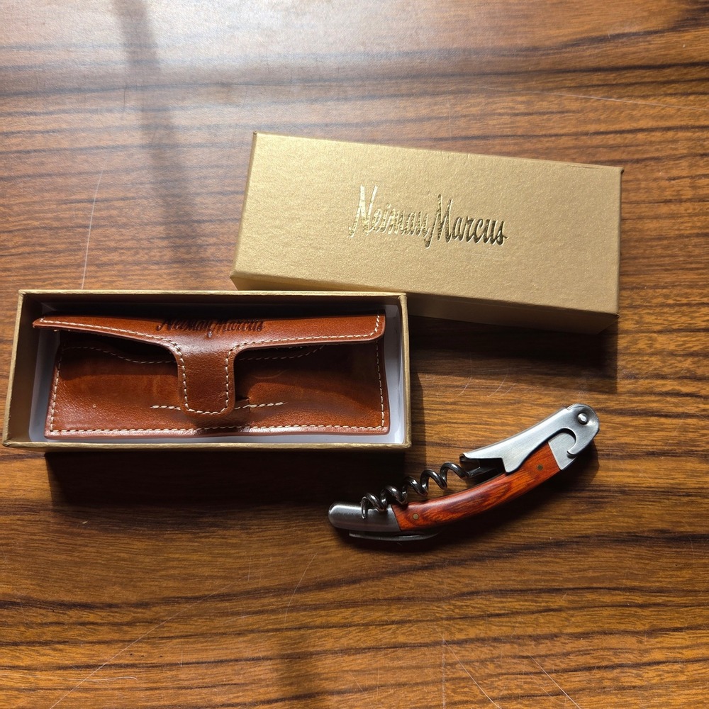 Neiman Marcus Wood Handle Corkscrew Wine Opener with Leather Pouch and Box